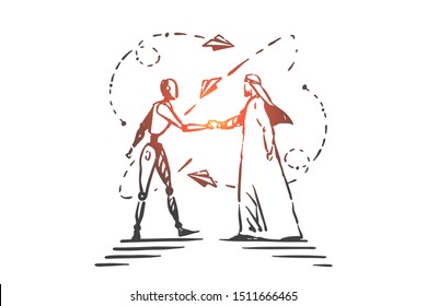 AI technologies, partnership concept sketch. Hand drawn isolated vector