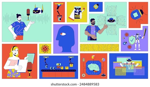 AI technologies people bento grid illustration set. Innovations 2D vector image collage design graphics collection. Voiceover artist, artificial intelligence engineers flat characters moodboard layout