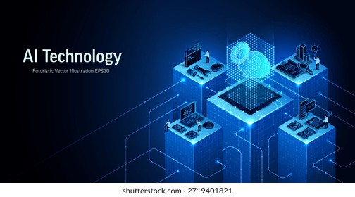 AI technology 3D brain icon vector illustration. Isometric computer tech, digital data network concept. Neural business system banner design. Blue server background. Abstract office building, teamwork