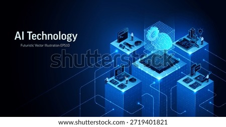 AI technology 3D brain icon vector illustration. Isometric computer tech, digital data network concept. Neural business system banner design. Blue server background. Abstract office building, teamwork