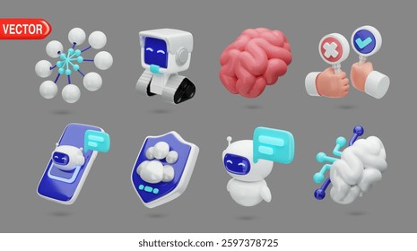 AI technology 3D realistic vector icons collection. Minimal design including neural network, AI robot, brain, thumbs, mobile app, and chatbot