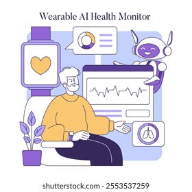 AI Technology for Accessibility concept. An illustration showing a disabled person with AI-powered devices monitoring health. AI assistant interacts and wearable technology provides data. Vector