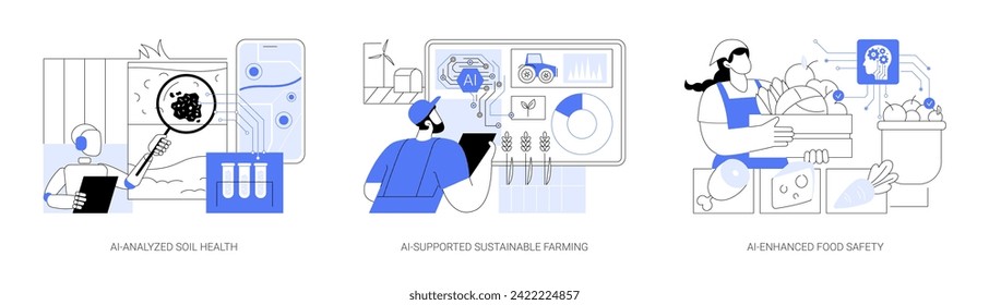 AI Technology in Agriculture abstract concept vector illustration set. AI-Analyzed Soil Health, crop management, AI-Supported Sustainable Farming, AI-Enhanced Food Safety abstract metaphor.