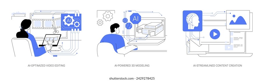 AI Tecnología en Arte y Creatividad abstracto concepto vector conjunto de ilustración. Edición de video optimizada por IA, modelado y animación 3D impulsados por IA, metáfora abstracta de creación de contenido optimizada por IA.