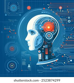 Plano de fundo da tecnologia AI, robô com processador de chip AI. Perfil da cabeça do robô com microchips e rede neural. Assistente cibernético. Cabeça de máquina antropomórfica sobre fundo azul Ilustração do vetor