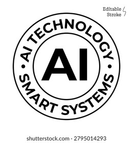 AI Technology Badge with Human Head Outline and Neural Network, Artificial Intelligence, Machine Learning, Smart Systems, Digital Innovation, Data Analytics and Automation Vector Design