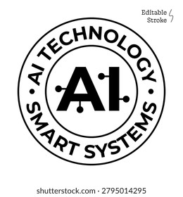 AI Technology Badge with Human Head Outline and Neural Network, Artificial Intelligence, Machine Learning, Smart Systems, Digital Innovation, Data Analytics and Automation Vector Design