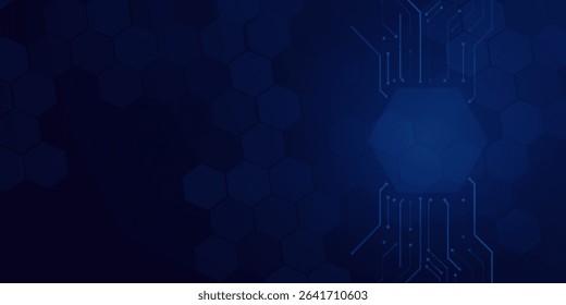 Ai technology banner background. Futuristic design with CPU, circuit board and hexagon backdrop. Artificial intelligence blue vector illustration.