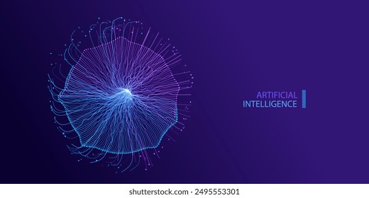 Fondo azul de Anuncio de la tecnología de Ai con efecto de luz de tecnología de líneas de red neuronales. Stream conexión a internet estilo futurista. Vector de ilustración de big data de inteligencia artificial.