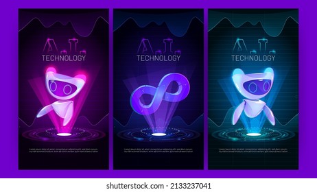 AI technology banners with cute robots and infinity symbol hologram. Vector posters of artificial intelligence and smart machine with cartoon illustration with futuristic virtual bots