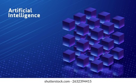AI technology big data futuristic geometric cube system banner landing page vector illustration concept robot Sci-Fi brain machine learning web application website template