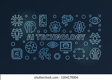 AI technology blue horizontal illustration. Artificial Intelligence vector bright banner in thin line style on dark background