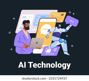 AI Technology business concept robot man laptop. Illustration shows human working on laptop robot holding speech bubble large smartphone with chat interface. Website design dark background