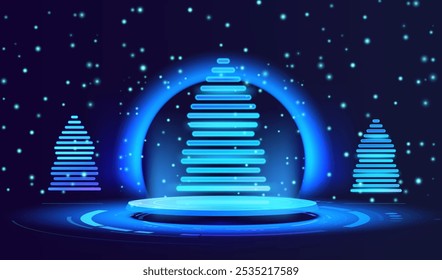 Ai technology and business holiday vector background with display podium. Happy holiday trees in high tech style banner. Neon lamps futuristic holiday business card. Merry Christmas and Happy New Year