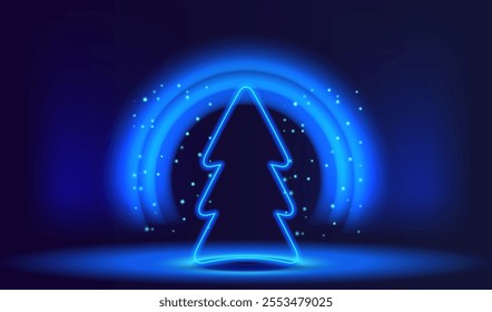 Ai technology and business holiday vector background. Happy holiday neon tree on in high tech style banner. Neon lamps futuristic holiday business card. Merry Christmas and Happy New Year