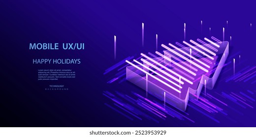 Ai technology and business holidays vector background. Isometric happy holiday tree in high tech style banner. Neon lamps futuristic digital holiday business card. Merry Christmas and Happy New Year.