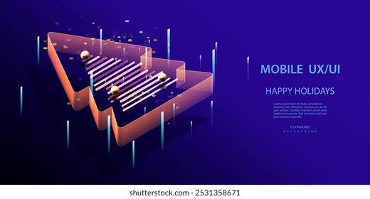 Ai technology and business holidays vector background. Isometric happy holiday tree in high tech style banner. Neon lamps futuristic digital holiday business card. Merry Christmas and Happy New Year.