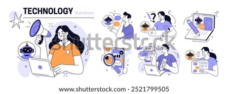 AI technology in business and marketing set. Characters using artificial intelligence, algorithms, generative tools to searching, writing prompts, generating content. Vector illustration.