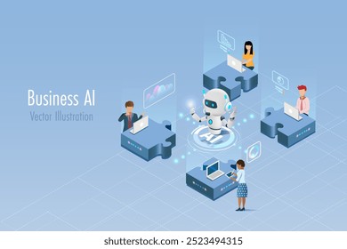 Tecnologia de IA no fluxo de trabalho empresarial. O robô AI ajuda a equipe de empresários a trabalhar e analisar dados com uma solução inteligente em quebra-cabeças conectados. Solução empresarial inteligente e bem-sucedida.