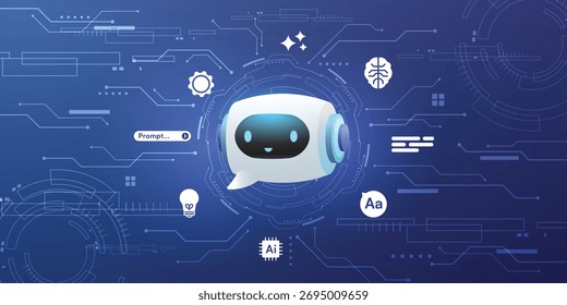 AI technology chatbot with a robot assistant, neural network, machine learning symbols and digital circuit lines on a futuristic blue background.