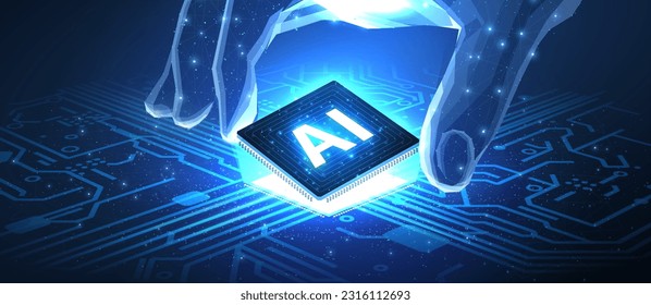 Tecnología de IA. Chip con láminas de IA y placa de circuito. Inteligencia artificial, chip de computadora, computación cuántica futura, algoritmos de aprendizaje profundo, innovación tecnológica, concepto de aprendizaje automático