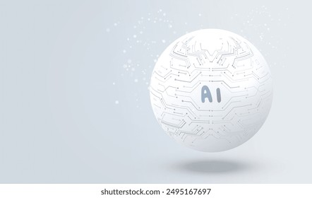 Ai technology circuit board sphere.  Artificial Intelligence white globe logo. Machine learning intelligence concept. Big data innovation technology. Electronic connect. Vector illustration.