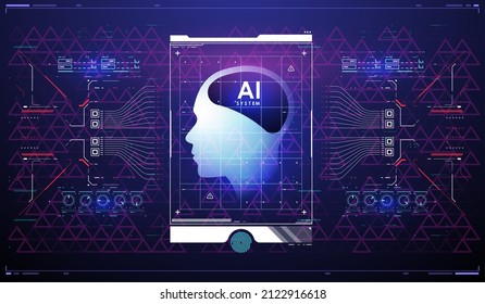 AI and technology concept. Abstract glowing colorful digital brain with circuit background. Futuristic design of an Artificial Intelligence brain with futuristic hud elements.
