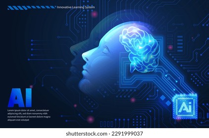 AI technology concept artificial abstract human side face and glowing brain with chip circuit board elegant blue tone background