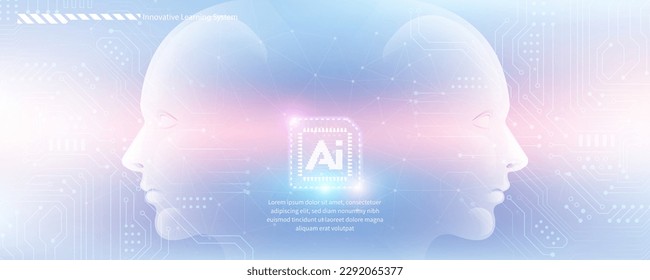 AI technology concept artificial abstract human side face and chip circuit board with futuristic style elegant pink blue gradient background