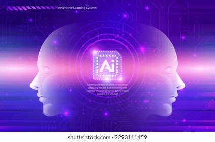 AI technology concept artificial abstract human side face and chip circuit board with futuristic style elegant purple pink gradient background