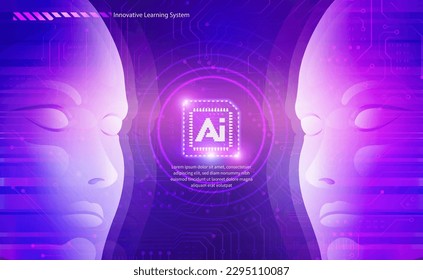 AI technology concept artificial abstract human face and chip circuit board with futuristic style elegant purple pink gradient background