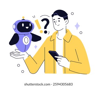 AI technology concept. Character using artificial intelligence assistant tool, chatbot for daily tasks, searching, answering questions. Vector illustration.