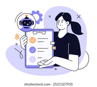 AI technology concept. Character working with artificial intelligence, chatbot, generative tools for tasks, checklist, time management. Vector illustration.