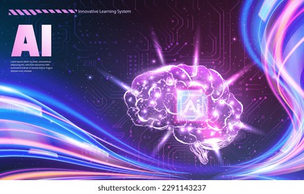 AI technology concept chipset on abstract shinny gradient brain in futuristic style purple pink tone wave line background