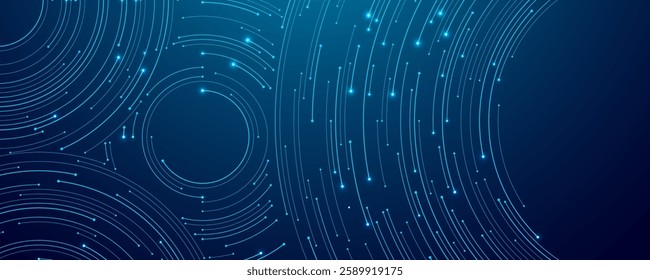 AI technology concept. Circle circuit wires on a dark blue motherboard background. Big data flow. Computer and electronics pattern on a navy backdrop. Abstract tech bg. Digital vector illustration.