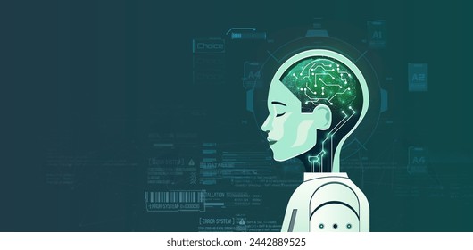 AI Technology Concept with Digital Human Profile and Brain Circuit. An artistic portrayal of AI with a side profile of a human head infused with a digital brain circuit on a tech-themed backdrop.