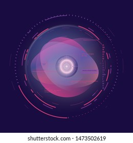 AI technology concept. Futuristic artificial intelligence representation. Camera aim with circles and glowing, data and digits. Digital ai vector illustration. Computer communication interface.