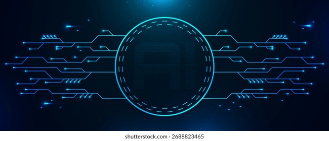 Concepto de tecnología de IA con líneas de circuito brillantes y código binario. Fondo digital de inteligencia artificial con efectos de neón azul. Ilustración vectorial.