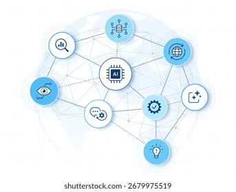 Concepto de tecnología de IA. Iconos de la IA con la Ilustración vectorial digital global del fondo
