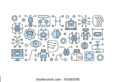 AI technology concept illustration made with blue icons of brain, robots and other technology on white background