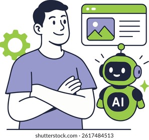 AI Technology Concept. Man with Robot and Website Vector Illustration