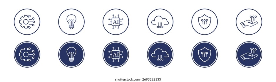 Concepto de tecnología de IA: Ilustración vectorial de inteligencia artificial moderna con aprendizaje automático, red neuronal, cerebro digital, automatización y diseño de sistemas futuristas sobre fondo transparente.