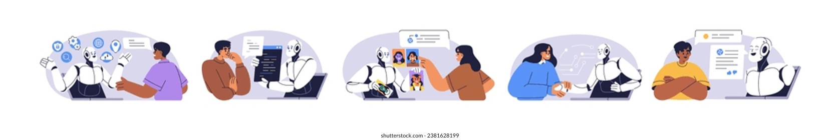 AI technology concept. People and artificial intelligence robots communication set. Human using text and image chatbots for business help. Flat graphic vector illustration isolated on white background