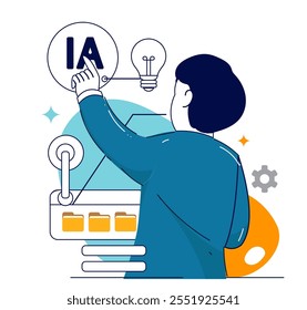 conceito de tecnologia de IA. Pessoas e inteligência artificial robôs comunicação. Humano usando texto e imagem chatbots para ajuda de negócios. Ilustração de design plano moderno.