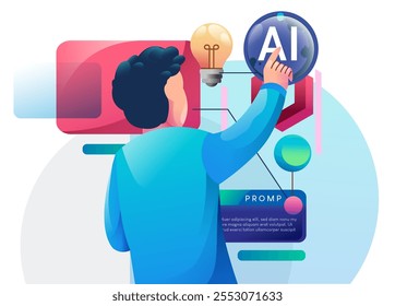 AI technology concept. People and artificial intelligence robots communication. Human using text and image chatbots for business help. Modern flat design illustration