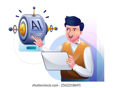 AI technology concept. People and artificial intelligence robots communication. Human using text and image chatbots for business help. Modern flat design illustration.