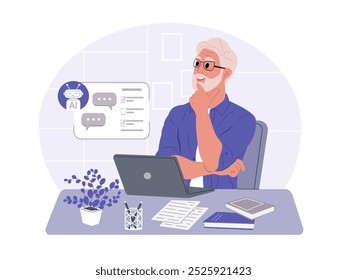 AI technology concept. Person uses artificial intelligence to solve business problems. Search, writing and content generation using a chat bot. Vector flat illustration