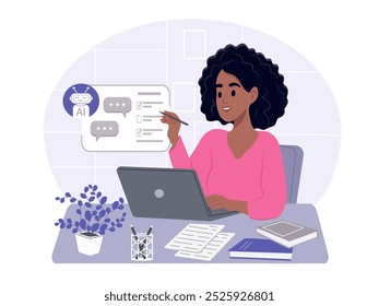 AI technology concept. . Person uses artificial intelligence. Search, writing and content generation using a chat bot. Vector flat illustration