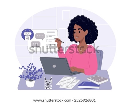 AI technology concept. . Person uses artificial intelligence. Search, writing and content generation using a chat bot. Vector flat illustration