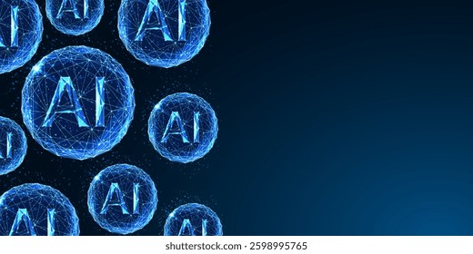 AI technology concept with polygonal glowing spheres. Artificial intelligence, digital transformation, machine learning, and futuristic automation. Modern vector illustration in dark blue tech style.